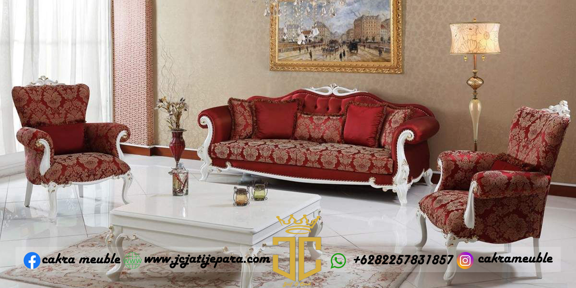 Sofa Tamu Mewah Jepara Red Heart Motif Luxury Carving JC-0001